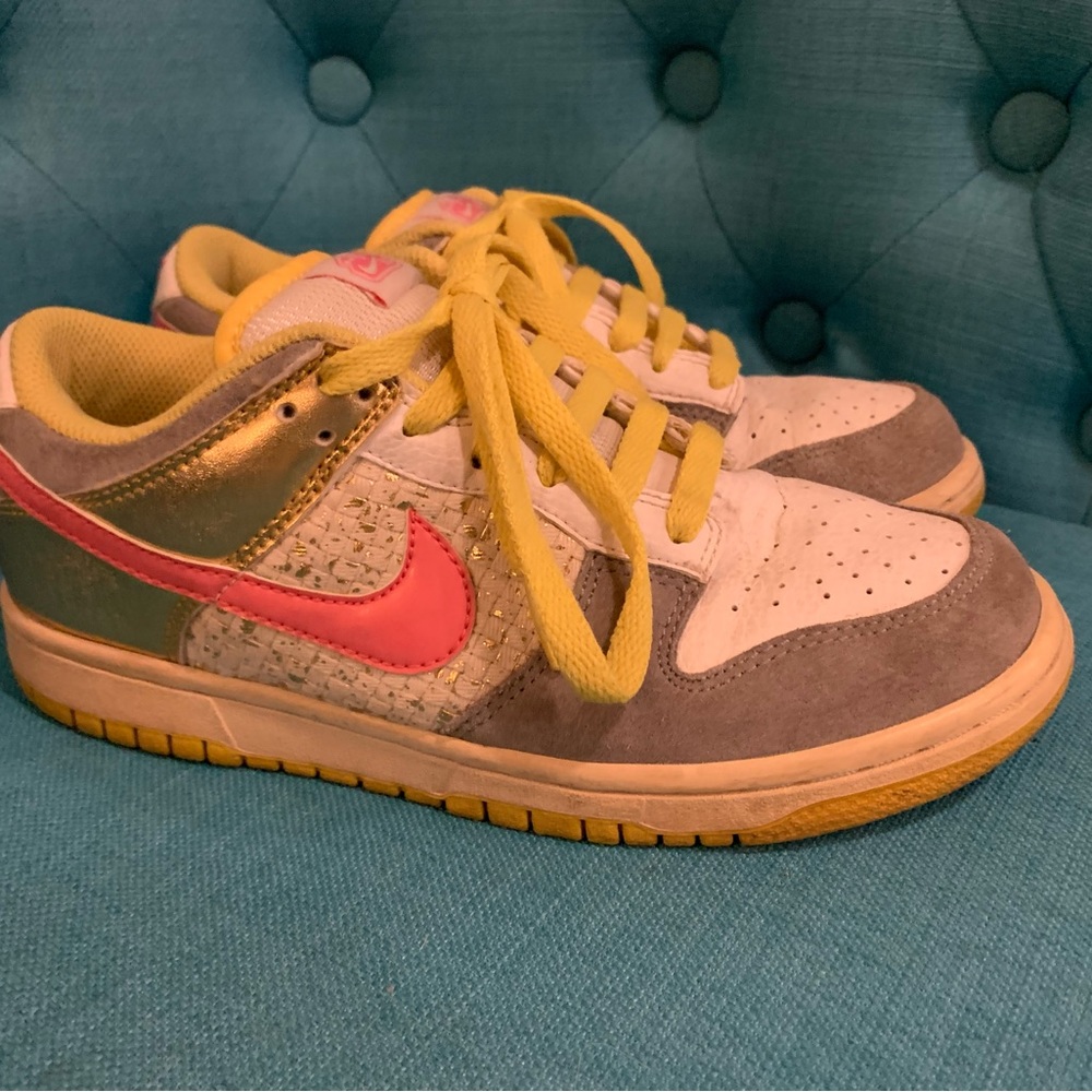 Nike Dunk Low White / Pink / Metallic Gold / Yellow - Size 7 Women's Sneakers